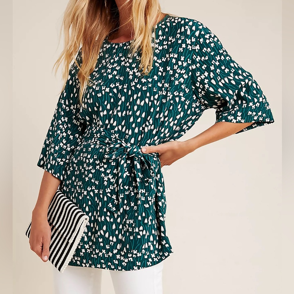 Anthropologie Marimekko Eine Tuulahdus Tunic Sz Small NEW Green Floral Tie Belt